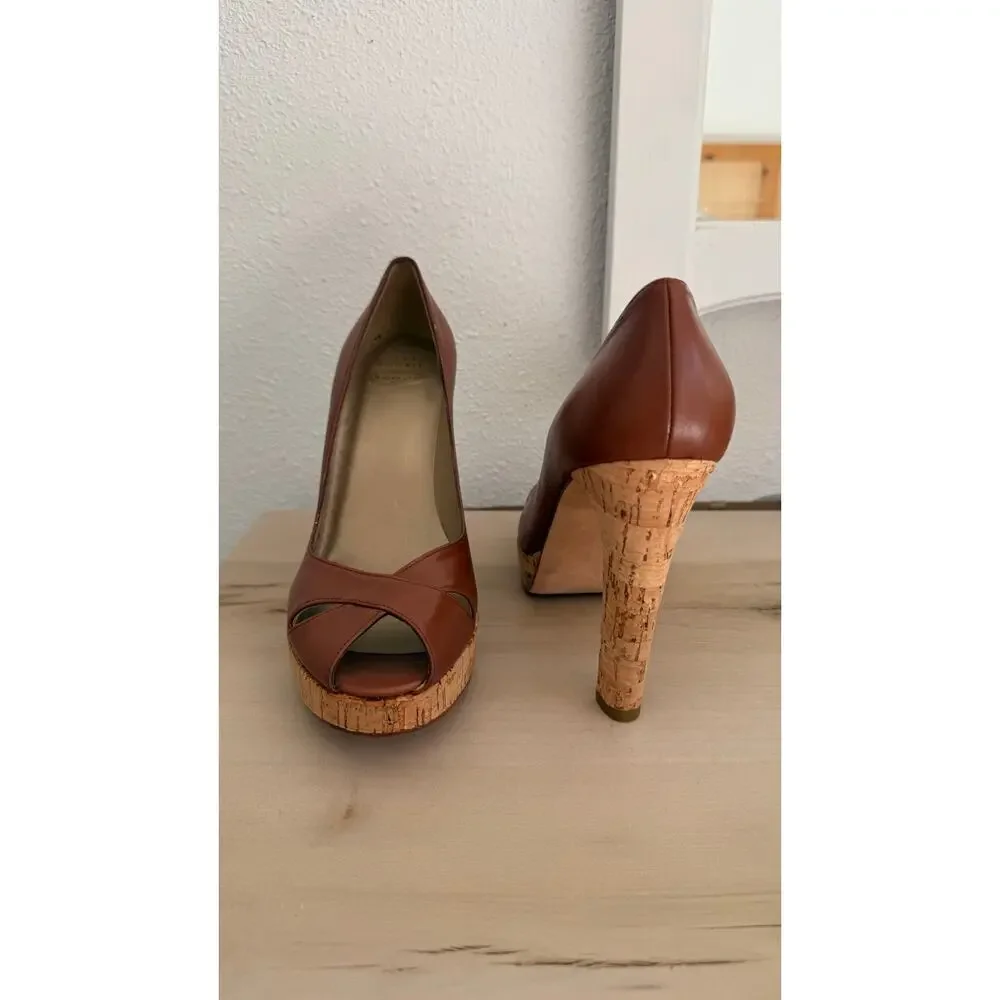 Stuart Weitzman Brown Leather Peep Toe Platform Pumps  Heel Designer Heels 8